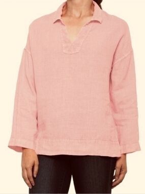 C&C California Rose Pink 110% Linen V-Neck Tunic SzL